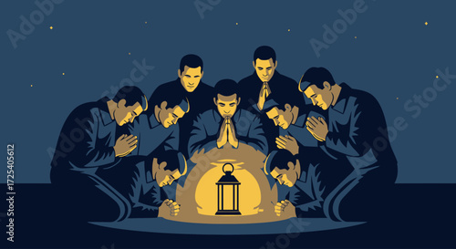 A group of men kneeling in a circle around a lantern, heads bowed in prayer under a starry night sky.