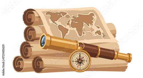 Illustration featuring a stack of rolled parchment maps, a brass telescope, and a compass, evoking themes of exploration and discovery.
