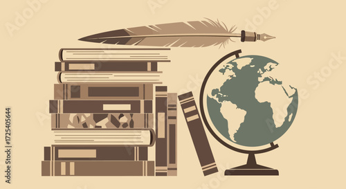 A stack of vintage books, a quill pen, and a globe represent the pursuit of knowledge, education, and exploration.