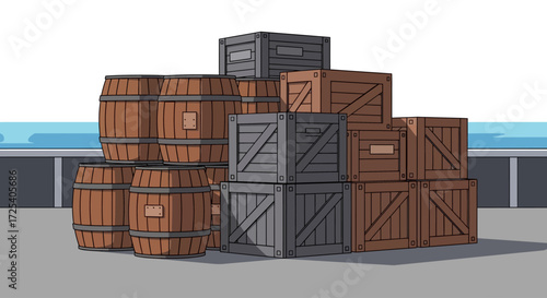Stacked wooden crates and barrels on a dockside, cartoon style illustration.