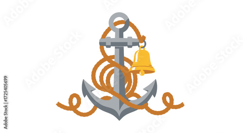 A stylized anchor with a bell and rope, a nautical themed graphic design.