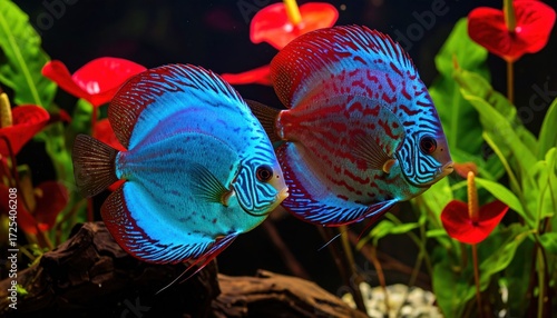 Colorful discus fish swimming in aquarium with exotic aquatic life.