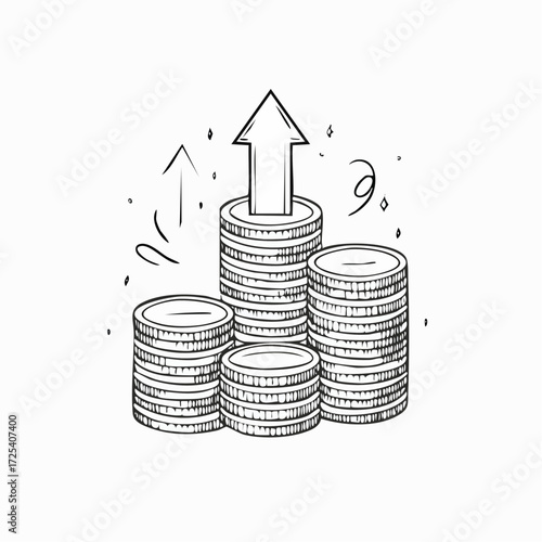 Hand-drawn illustration of growing coin stacks with an upward arrow, a powerful metaphor for financial success and capital appreciation