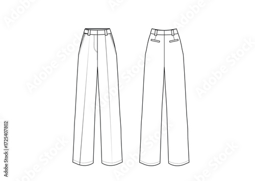 Woman Chino Wide Leg Pant With Button, Fashion Sketch Template Front & Back Technical Draw  Fashion Illustration
