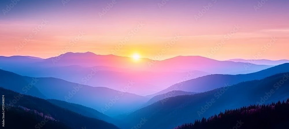Obraz premium Serene Sunset Over Purple Mountains with Golden Light and Blue Ridges in a Stunning Nature Landscape