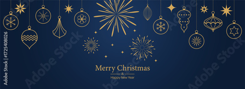 Merry Christmas template background with geometric minimalist elements. Pattern with gold line icons. Abstract modern banner in flat design. Christmas decoration. Vector illustration.