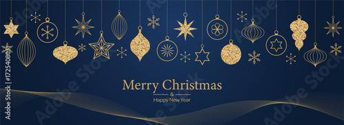 Merry Christmas template background with gold geometric minimalist elements and icons on dark green. Abstract trendy banner with vintage tree decorations in simple flat design. Vector illustration.