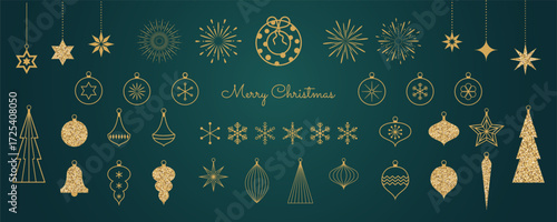 Set of Christmas minimalist golden geometric element or icon in flat linear design. Modern Xmas tree vintage decoration. Vector illustration.