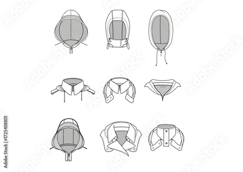 9 Outwear Hoody Collar Details Templates Fashion Technical Drawing Illustrations