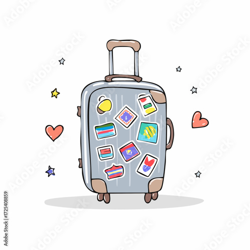 A Gray Rolling Suitcase Adorned with Colorful Travel Stickers and Heart Accents, Ready for an Adventure