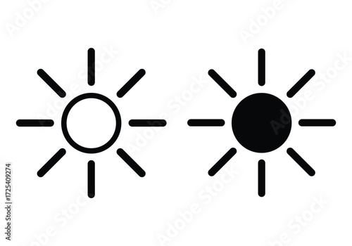 Sun Icons: Artistic minimalist representation of two sun icons. One is a vibrant, empty of content sun while the other is a solid form. Each radiates warmth.