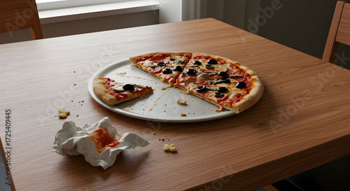 A half-eaten pizza on a table, with crumbs and a discarded napkin