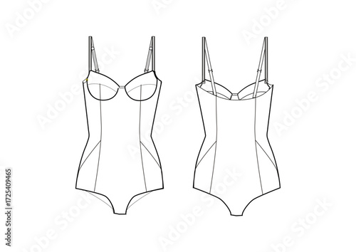Woman Swimwear Swimsuit Body Fashion Sketch Template Front & Back Technical Draw Fashion Illustration