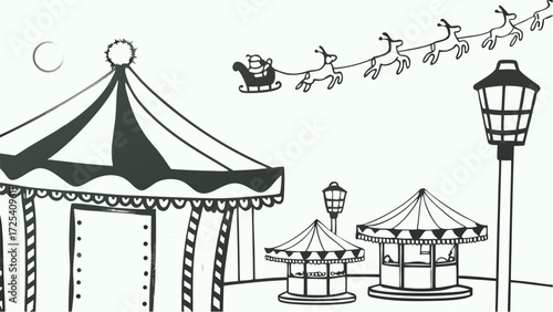 A christmas themed drawing featuring a large tent, two small tents, santa and reindeer, and a street lamp