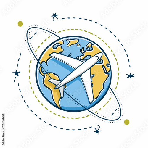 Cartoon illustration of a passenger plane orbiting the globe, symbolizing international air travel and worldwide tourism
