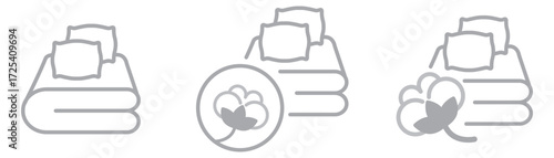 Set of bed linen linear icons with cotton symbol isolated on transparent background. Organic cotton bedding outline set. Pure cotton bed linen symbols perfect for eco, textile, home and sleep themes.