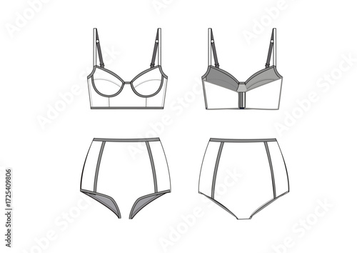Woman Swimwear Bikini Set Fashion Sketch Template Front & Back Technical Draw Fashion Illustration