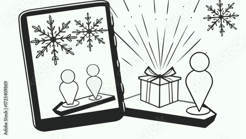 Illustration of a tablet displaying snowflakes and figures next to a gift and a figure with rays