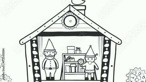 Illustration of a christmas themed house with elves gifts and gears in a black and white line drawing style