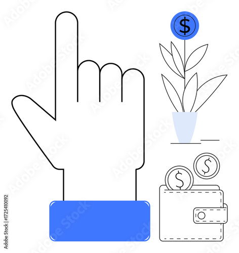 Hand pointing upward, a wallet with coins, and a money plant with a dollar sign bloom. Ideal for finance, savings, investment, growth, economy, profitability success as a simple flat metaphor
