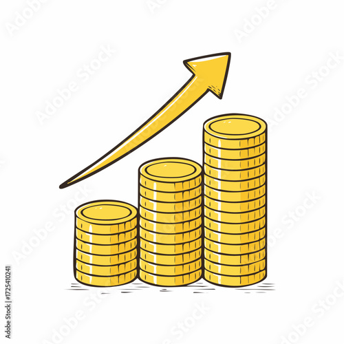 Hand-drawn concept of economic progress, showing rising piles of gold coins and a chart arrow indicating profit and wealth