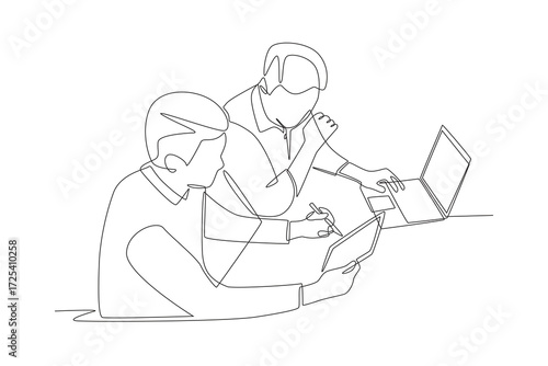 Collaborative coding and testing concept one-line drawing