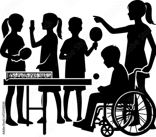 Children playing table tennis, one in wheelchair, silhouettes on white background  