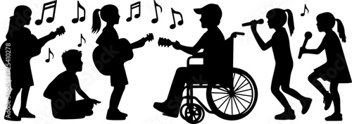 Children singing and playing instruments with musician in wheelchair  