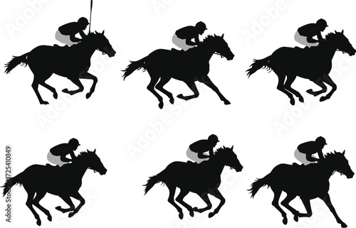 Dynamic silhouettes of a jockey racing a horse in full gallop, illustrating the excitement and speed of the sport.
