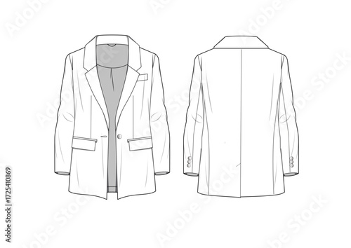 Woman Classic Jacket With Two Flap Pockets and One Button Fashion Sketch Template Front & Back Technical Draw  Fashion Illustration