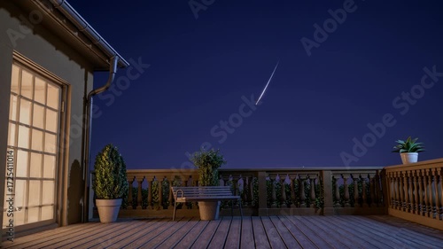 A Tranquil Terrace at Night with a Shooting Star in the Sky, Offering a Serene and Peaceful Atmosphere for Relaxation Under the Stars