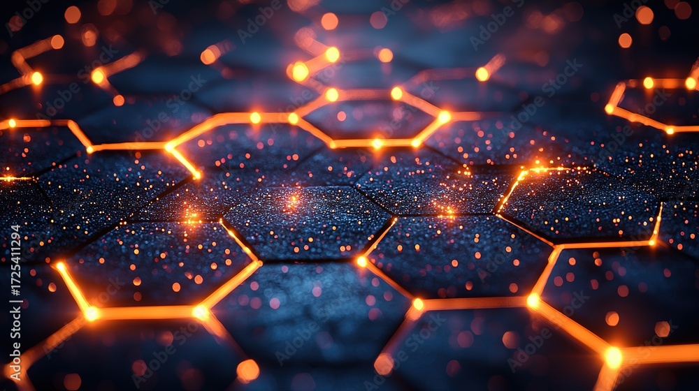 Fototapeta premium Abstract hexagonal grid on dark background with colorful lights, digital tech network concept 