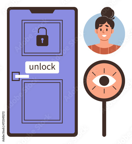Purple door with unlocked padlock, unlock label, facial recognition profile of a smiling woman, and eye icon. Ideal for technology, security, smart systems, access control, biometrics surveillance