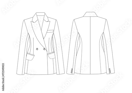 Woman Classic Jacket With Two Flap Pockets and Double Breasted Collar Fashion Sketch Template Front & Back Technical Draw  Fashion Illustration