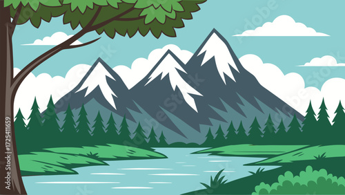 Snowcapped mountain peaks appear behind a lush forest and calm river waterscape