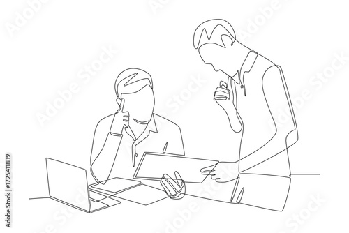 Collaborative coding and testing concept one-line drawing