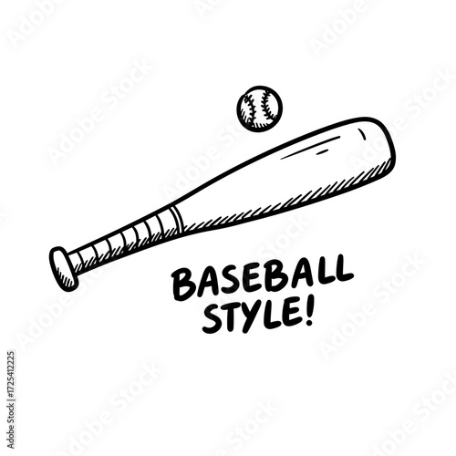 Baseball bat and ball in sketch style with playful text
