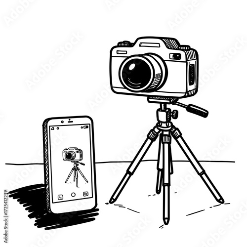 Camera on tripod next to smartphone displaying its image  