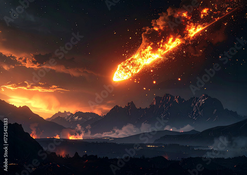 Generated image　AdobeFirefly  
夜空に流れる巨大な流星、終末的な光景