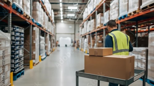 Warehouse worker taking inventory, scanning and moving cardboard boxes on a cart in a logistics facility, footage.