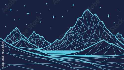 Abstract mountain landscape showcases cyan polygon outlines against a dark blue starry night background