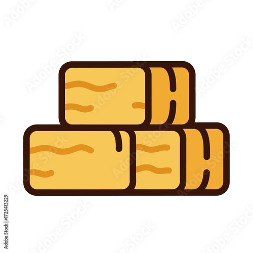 Stack of golden hay bales in a stylized illustration, representing rural agriculture, farming, and harvest season on a farm field for animal feed