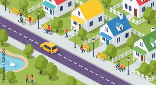 Isometric Suburban Neighborhood with People and Houses