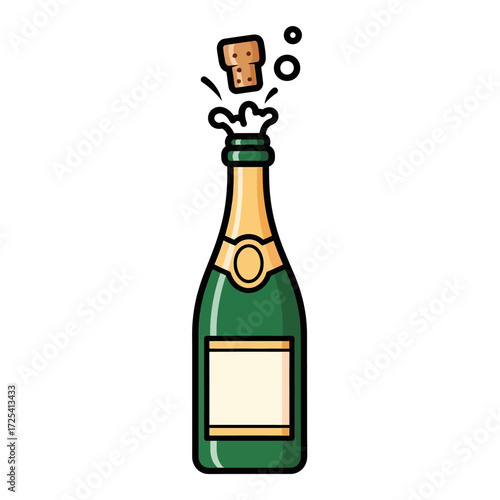 Festive sparkling wine bottle opening with a loud pop and splash, celebration drink icon on a white background