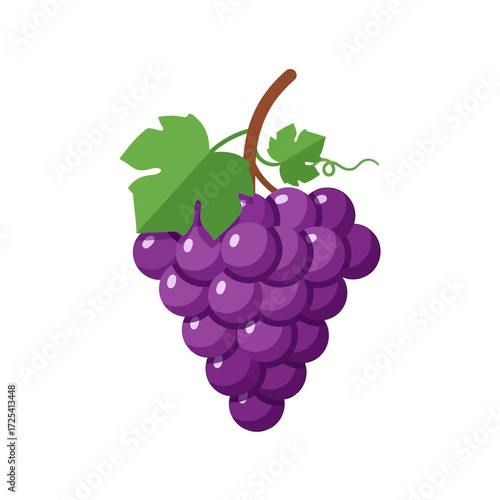 A vibrant purple grape bunch with a green leaf, depicted in a clean flat vector illustration style isolated on a white background