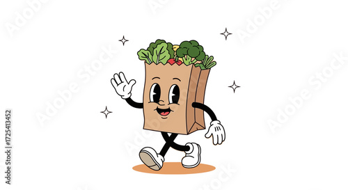 Happy Retro Grocery Bag Walking with Fresh Produce