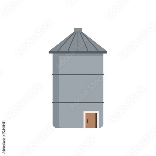 Clean flat vector illustration of an industrial grain storage silo building. Modern agricultural facility for bulk materials, isolated on a white background