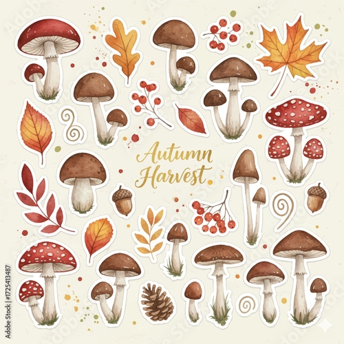 watercolor set of mushroom autumn elements