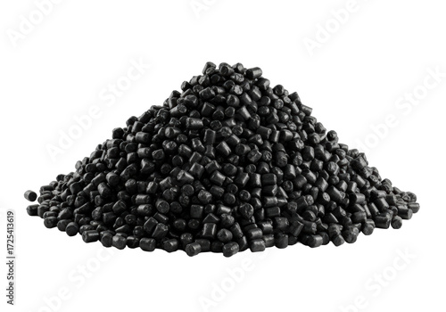 Angular heap of deep black recycled plastic pellets, uniform texture, isolated on white, high-contrast lighting, raw materials and waste transformation concept