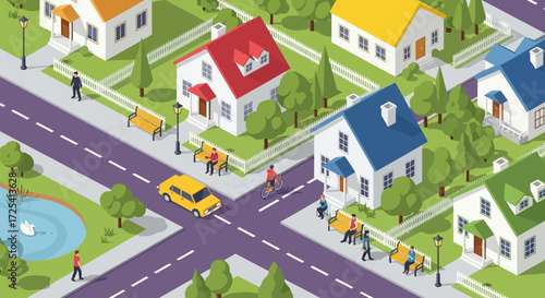 Isometric View of a Vibrant Suburban Neighborhood Community